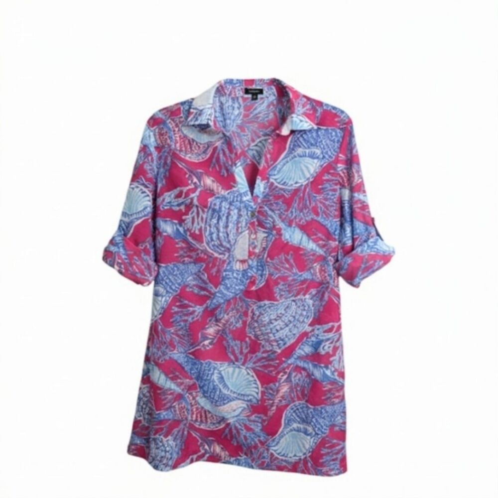 NWOT Talbots Tunic Swimsuit Cover Up Pink Blue Seashell Print Semi-Sheer XS